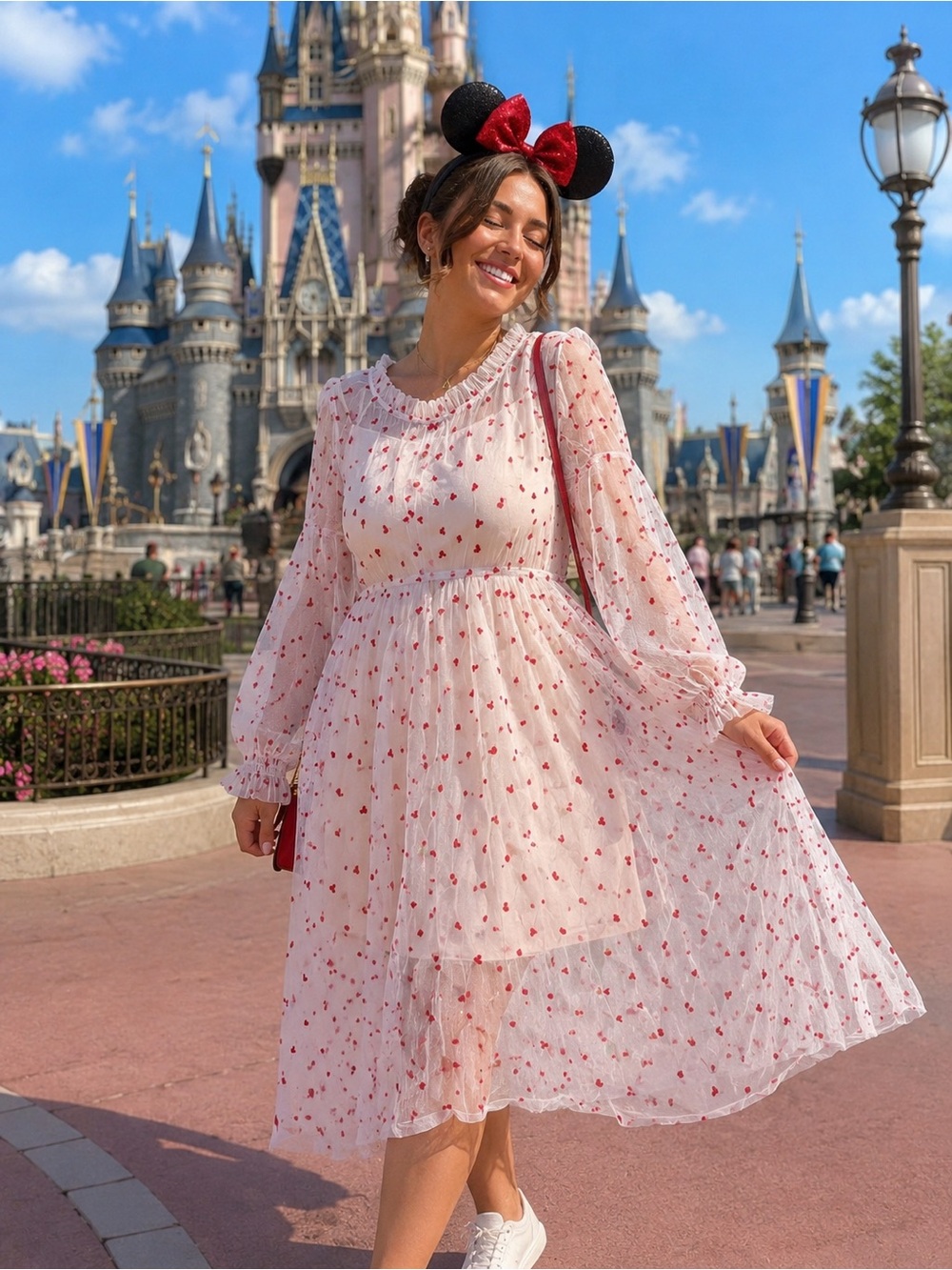 Disney Pink Floral Sheer Long-Sleeve Midi Dress